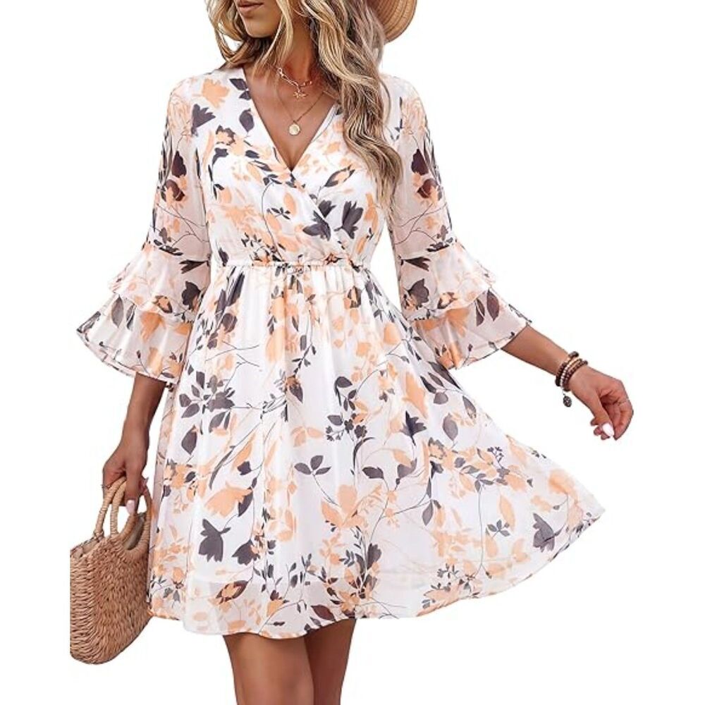 Women's Multi White V Neck Ruffle Sleeve A Line Casual Flowy Chiffon Layer dress